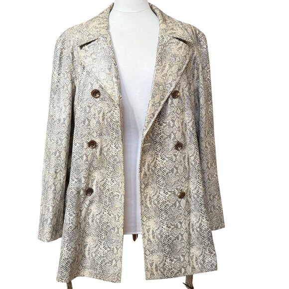 Gallery Womens Snakeskin Double Breasted Faux Leather Trench Belted Coat XL - Picture 3 of 15